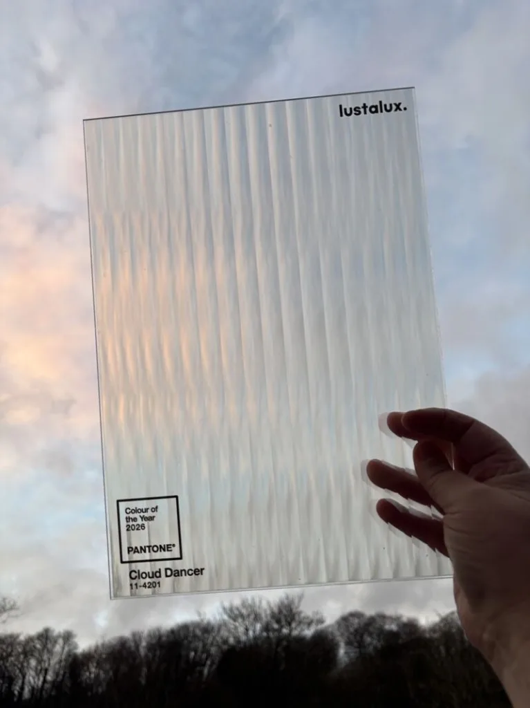 pale custom colour reeded window film sample matched to Pantone Cloud Dancer